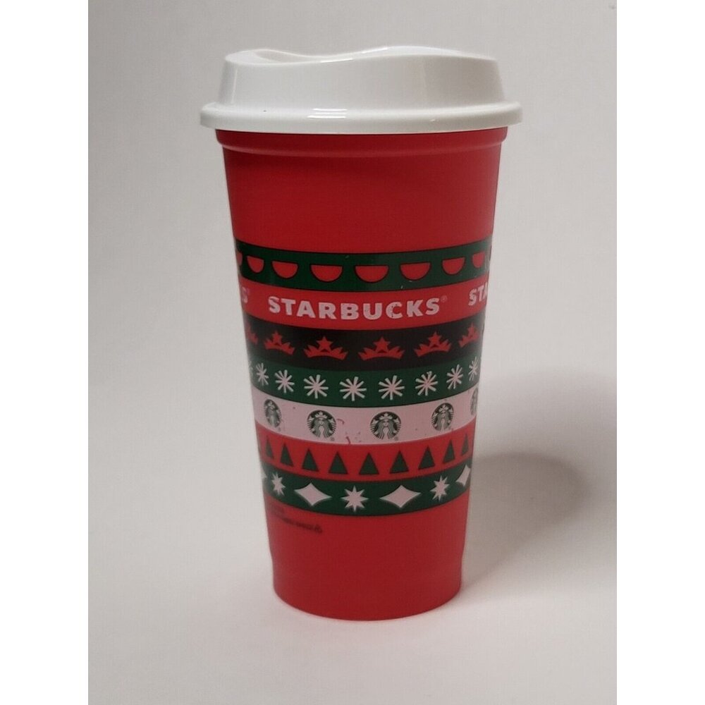 Starbucks Christmas Reusable Tall Cup With Lid Red Green White Mug Plastic